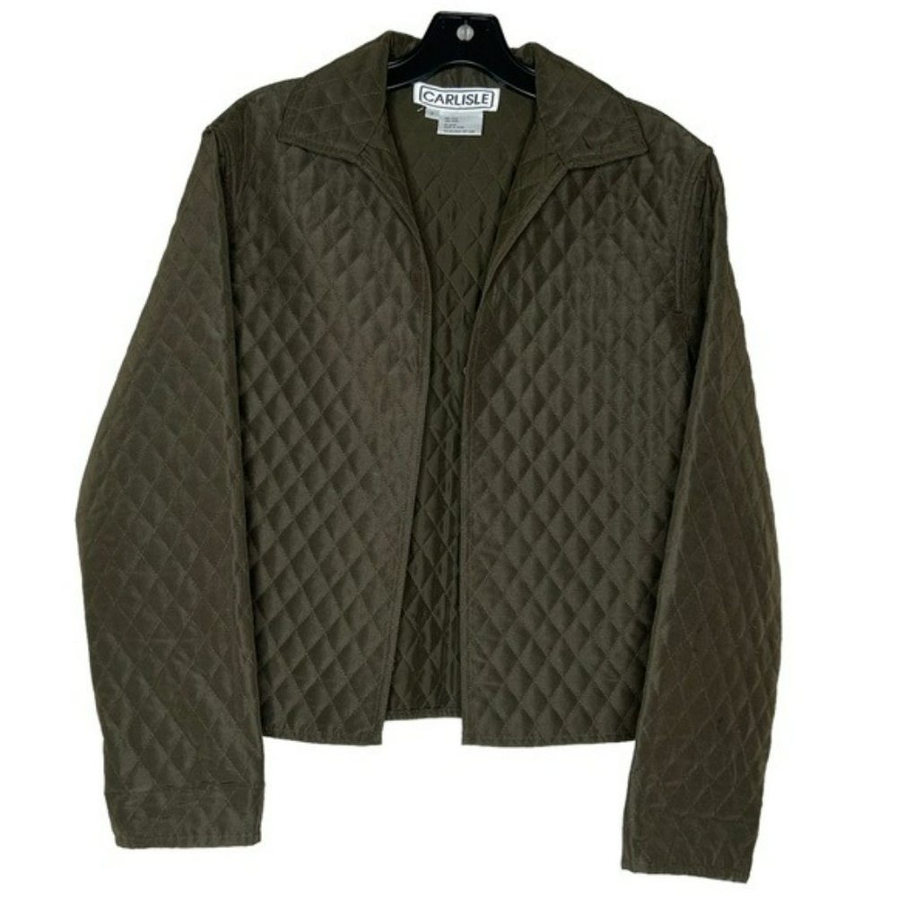 Carlisle Olive Green Silk Wool Lightweight Quilt Open Jacket Blazer Size 2 - Picture 9 of 9